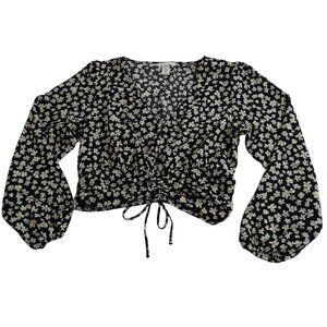 H&M Black Floral Crop Top Long Sleeve V-Neck Drawstring Hem Blouse Women Size M